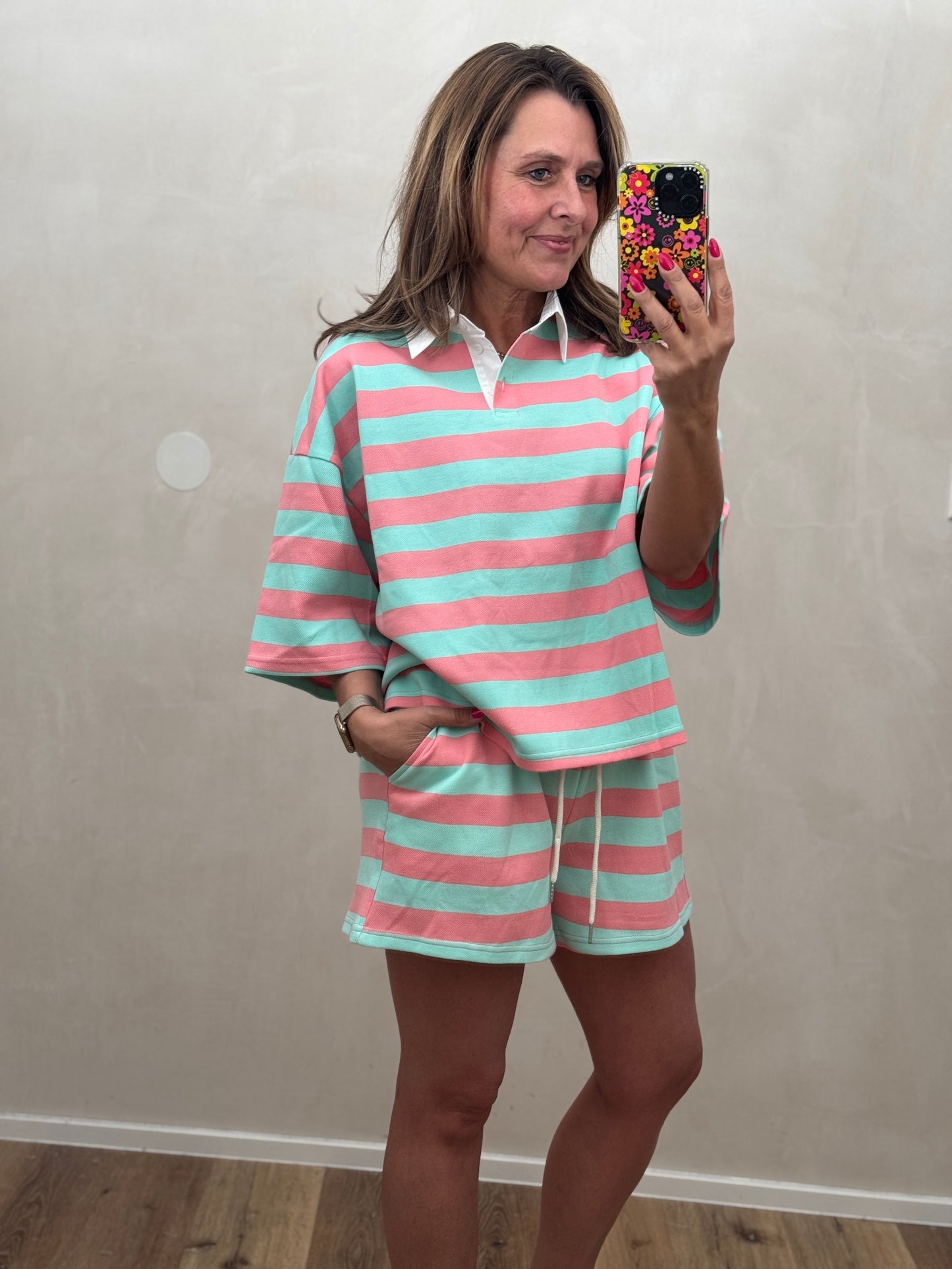 Set 2-Teilig T-Shirt und Shorts Blockstreifen verschiedene Farben verfügbar Onesize bis Gr.40/42 (I5)H