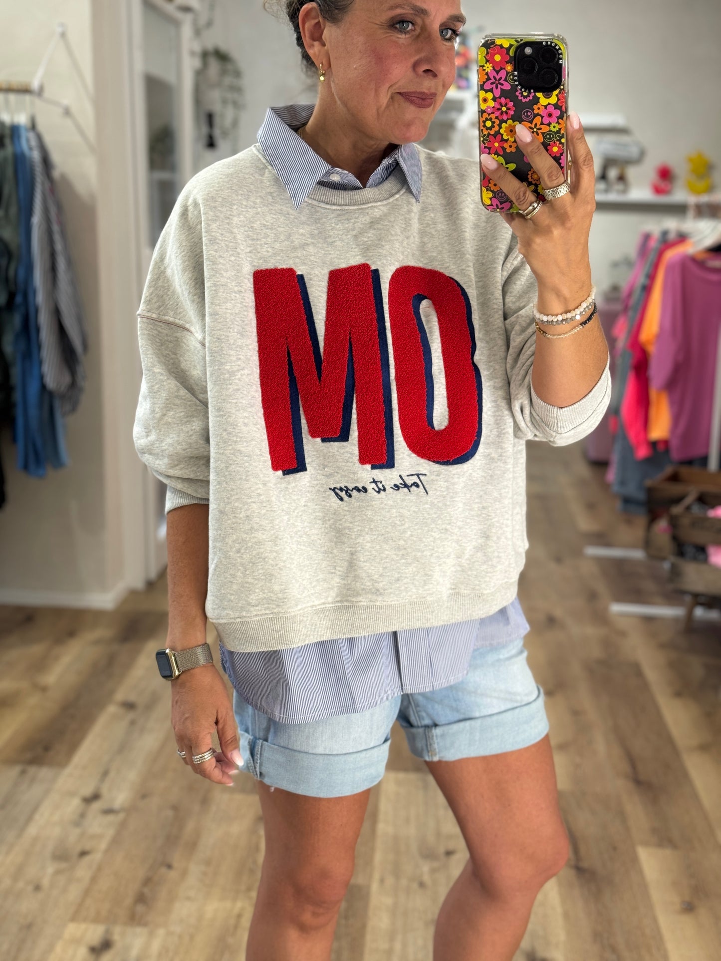 Kurzer Sweater Grau Meliert Schriftzug "BEACH" Rosa in Frottee-Optik Onesize bis Gr. 42 (P5)H (Kopie)