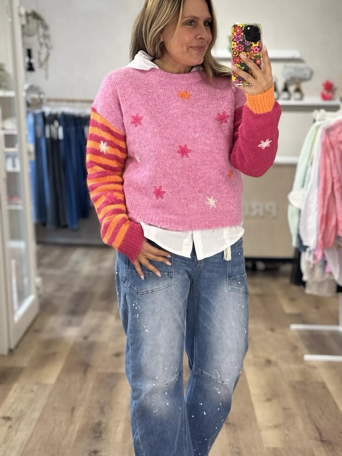 Strick Pullover Rosa Pink Streifen "Flowers" Stickerei Onesize bis Gr. 40 (M2) H