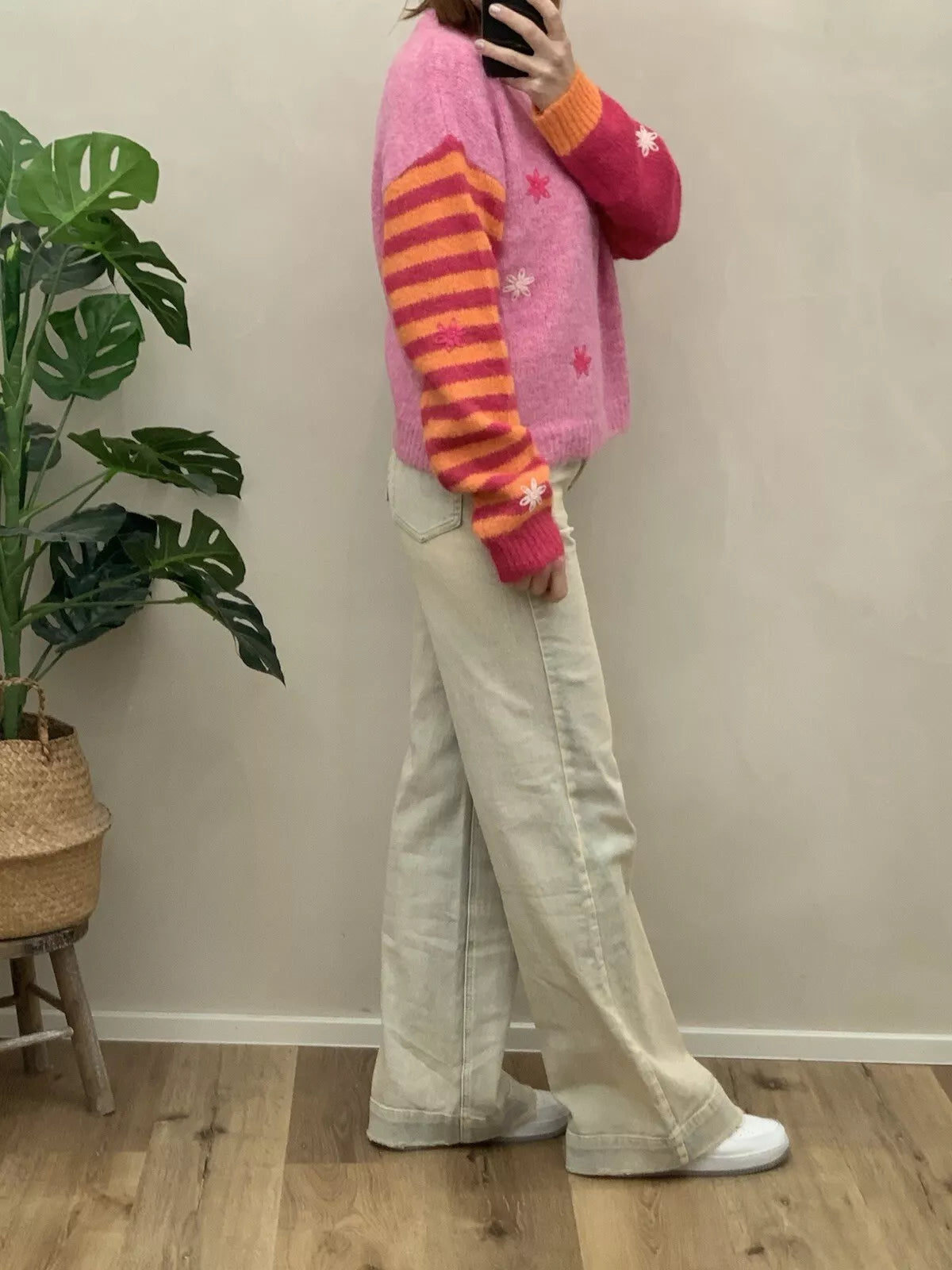 Strick Pullover Rosa Pink Streifen "Flowers" Stickerei Onesize bis Gr. 40 (M2) H