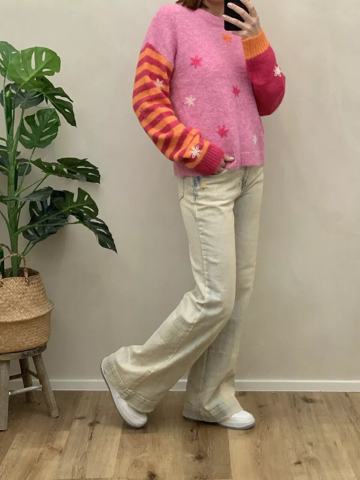 Strick Pullover Rosa Pink Streifen "Flowers" Stickerei Onesize bis Gr. 40 (M2) H